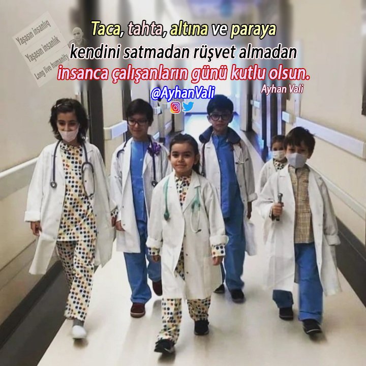 Taca,tahta,altına ve paraya
kendini satmadan rüşvet almadan insanca çalışanların günü kutlu olsun.
Ayhan Vali

<a href="/AyhanVali/">Long live humanity</a>
Klinik Psikolog,
Tek başına"#Yaşasınİnsanlık"adlı yapmak istediği yürüyüş için,her türlü destek olmanızı önemle rica edriz.
#İnsanlık 
#doktor 
#tıp
Sağlık