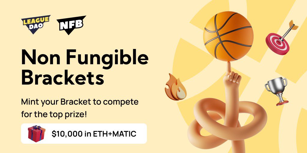 The wait is over, Brackets are here! 

Make your picks and mint your bracket to enter the NCAA Tournament pool. 

Top bracket wins at least $10,000 in #ETH AND #MATIC 

Minting is LIVE from now until Thursday, March 17 at Noon EST.

🚨app.leaguedao.com/nfb 🚨