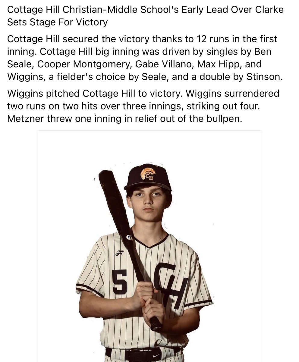 Last week was a great week for all our teams in the <a href="/chcacademy1/">Cottage Hill Academy</a> baseball program: MS/JV/V <a href="/CHCA_Baseball/">CHCA Baseball ⚾️ 3A-A1</a> 

Let’s keep it rolling this week as our V team has won 7 of last 10 &amp; has defeated 7A Bryant, Murphy, Theodore &amp; 6A Robertsdale during that stretch! 

#FaithFamilyFuture