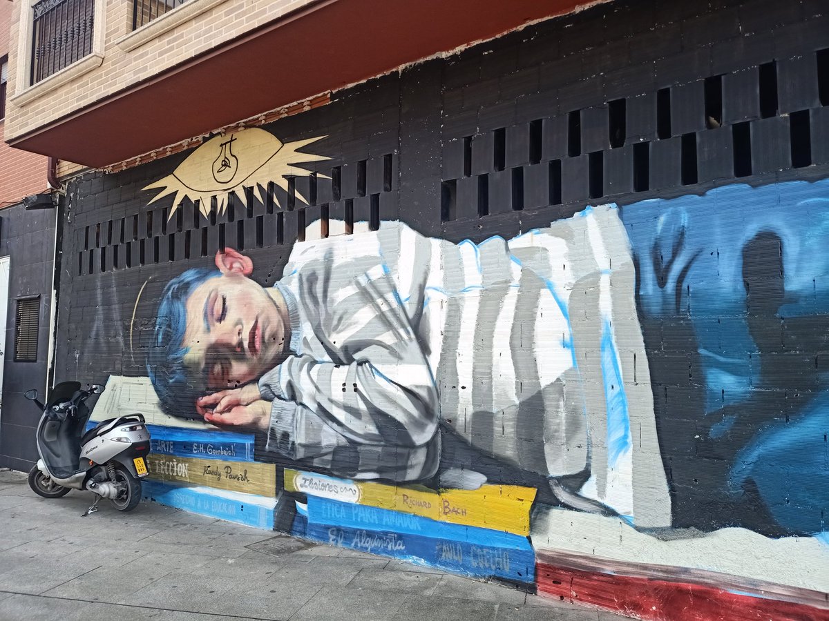 Este grafiti se encuentra en Alcantarilla, un pueblo de Murcia. Y nos llama especialmente la atención por uno de los libros sobre los que duerme el niño.

A ver si adivináis qué libro es.