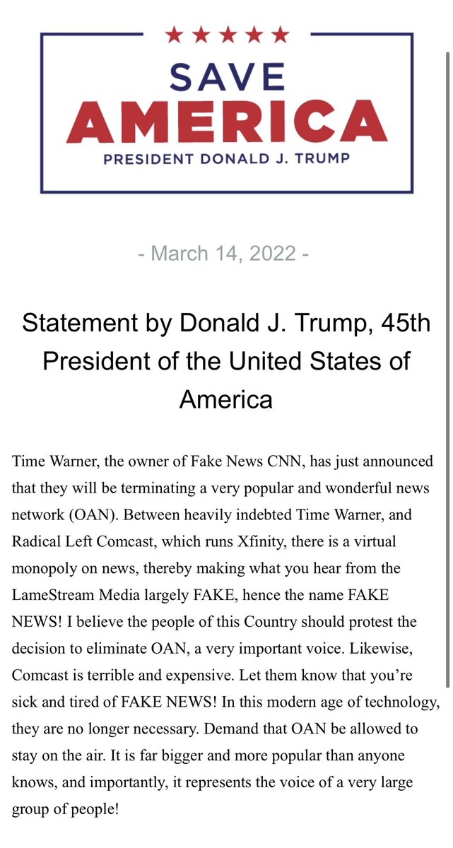realLizUSA's tweet photo. NEW!

President Donald J. Trump:

“Time Warner, the owner of Fake News CNN, has just announced that they will be terminating a very popular and wonderful news network (OAN). Between heavily indebted Time Warner, and Radical Left Comcast, which runs Xfinity, there is a virtual… https://t.co/eEoF87I8xG
