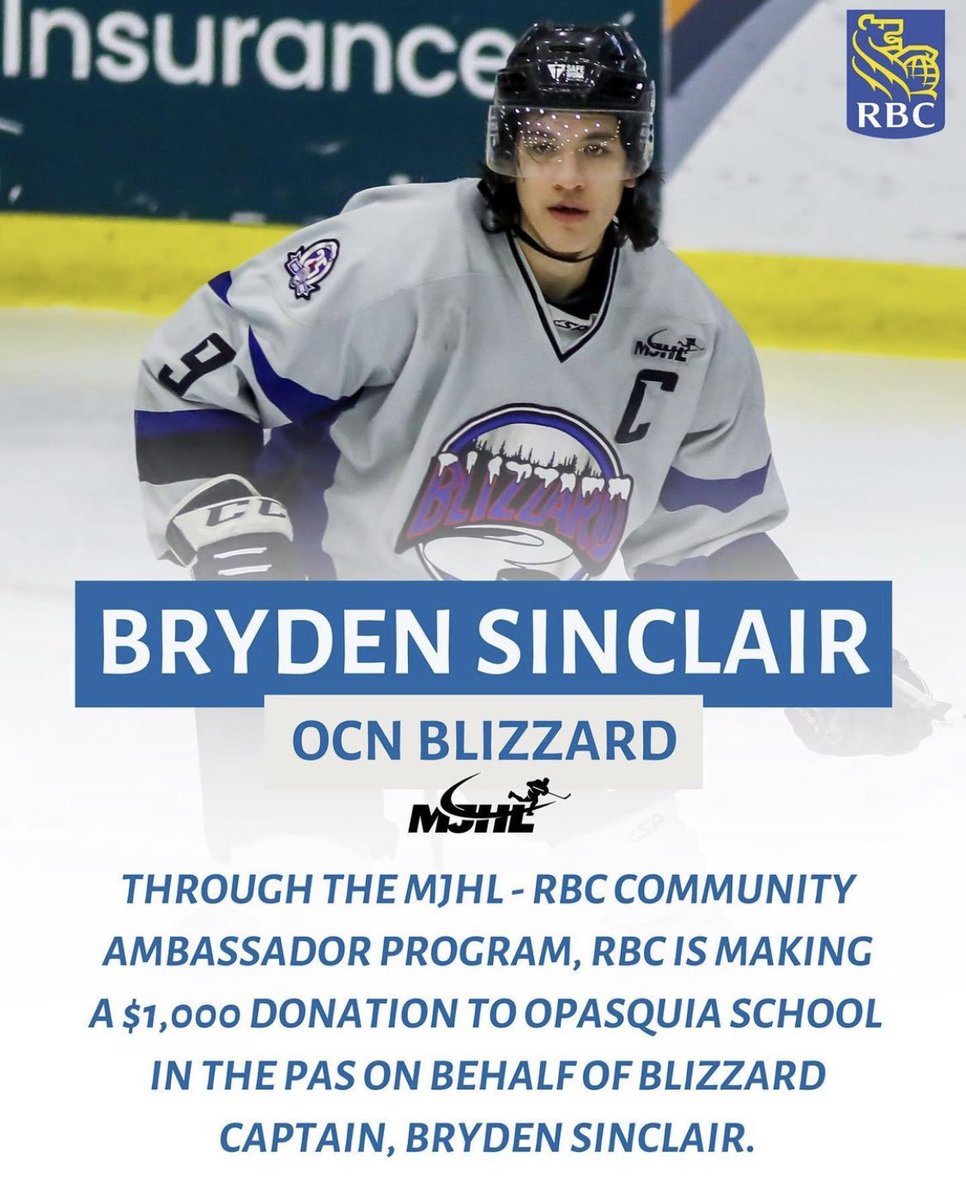 NorManBlizzJrA's tweet photo. Congratulations to Blizzard Captain Bryden Sinclair for receiving the @rbc Community Ambassador award!  Bryden has donated $1000 to Opasquia School!

Congratulations Bryden!
#OCNBlizzard #Blizznation https://t.co/dm2wlC0zBl