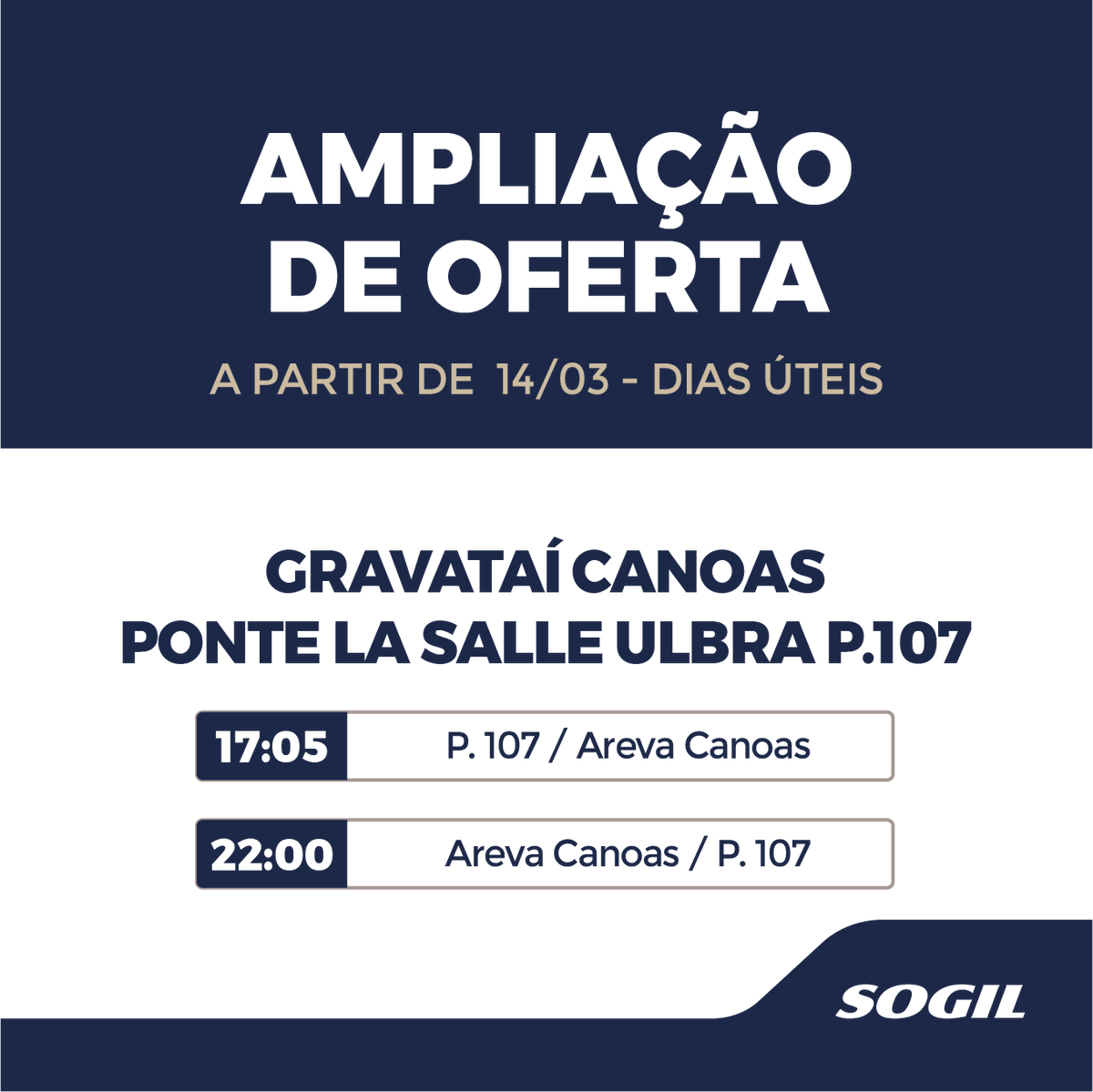 SOGIL_Oficial's tweet photo. #AmpliaçãoDeOferta 🚍✅
Fique ligado na ampliação de oferta na linha Gravataí Canoas Ponte La Salle Ulbra, a partir de hoje (dias úteis).
Atendimento: https://t.co/cTXuW5Gy3J
#SACSOGIL #InformaçãoSOGIL https://t.co/ZPILs1uF2Z