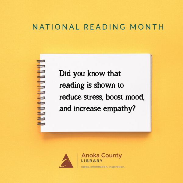 AnokaCoLibrary's tweet photo. March is National Reading Month, and reading is shown to reduce stress, boost your mood, and increase empathy. What have you read lately that's made you happy?

#ACLReads https://t.co/aev0BVEhKn