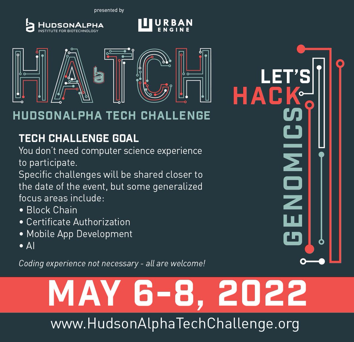 hudsonalpha's tweet photo. HATCH - COMPUTER SCIENCE FOR LIFE – #HudsonAlpha is teaming up w/ @urban_engine to host #HATCH2022 , a life sciences #hackathon. Interested in sponsoring this unique event? Check out sponsorship opportunities & get in touch! https://t.co/mqzTIgQqsz #LetsHackGenomics https://t.co/4G1PoLkZBI