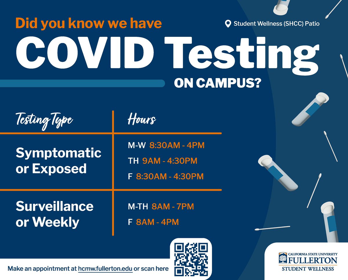 titanradio's tweet photo. Individuals experiencing COVID-19 symptoms or who have been exposed to COVID-19 can access
the Student Health Center testing site.
Schedule an appointment through your Titan Health Portal or visit https://t.co/su7Ct6BTsD for more information. #CSUFCOVID19 https://t.co/h7MTkyvmGk