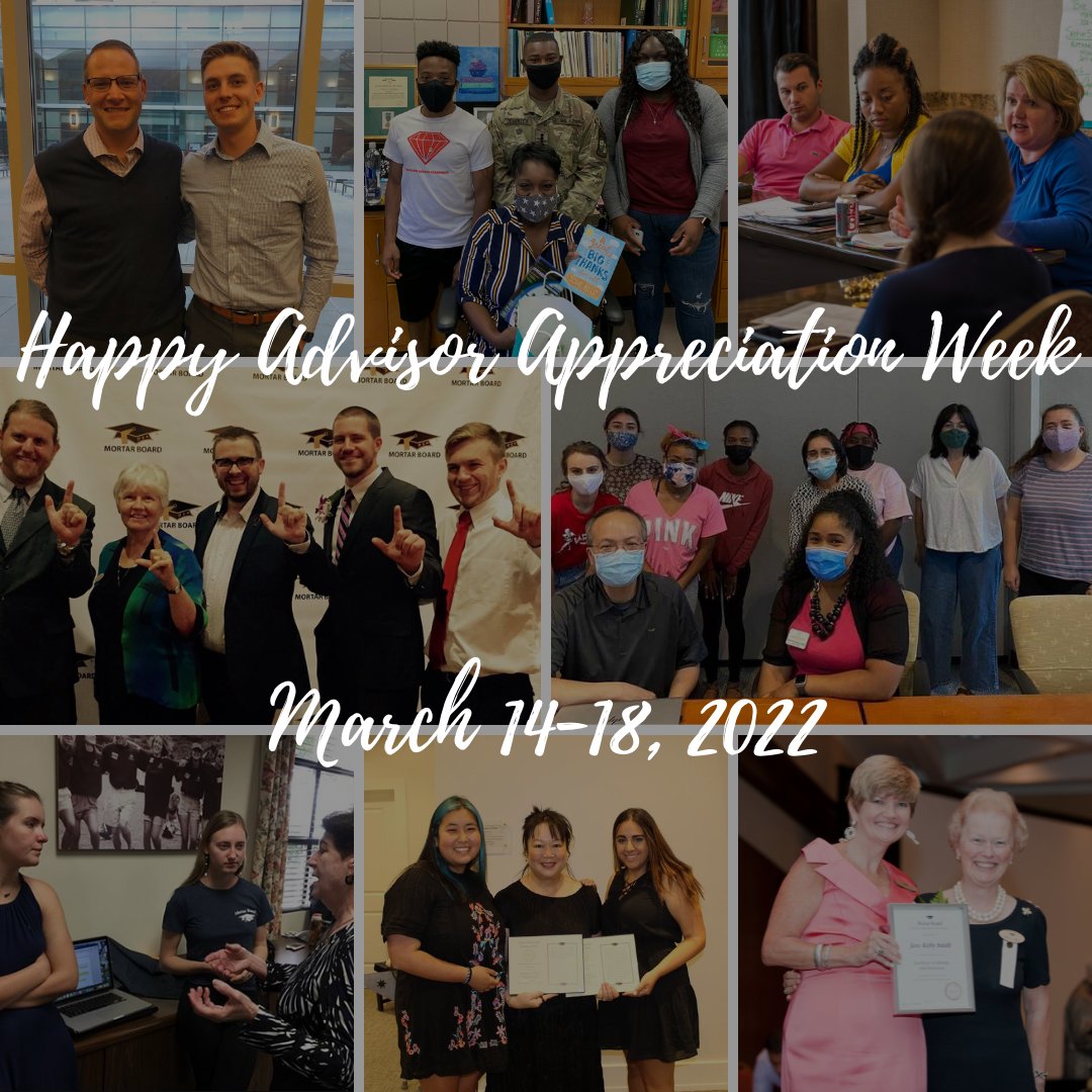 MortarBoard's tweet photo. Happy #AdvisorAppreciationWeek! Take a moment this week to thank your #MBAdvisors, academic advisors and/or mentors for their encouragement and support! Weโre so grateful for these amazing people who help and support our members and future leaders! #MortarBoard #leadership https://t.co/GOz1hyarBk