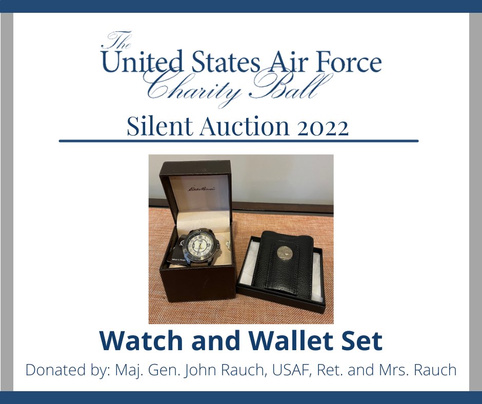 AirSpaceGala's tweet photo. We have something for the men! It's a beautiful Eddie Bauer Timex Watch and a Tokens and Icons wallet. This great duo would make the perfect gift for someone or you can even treat yourself!
#afcb2022 #airforcecharityball2022 #afas https://t.co/4gGYA3mqHa