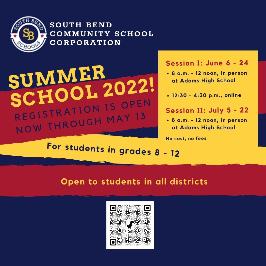 Summer school registration is open to students in grades 8-12 in all districts until May 13, 2022 including in-person and online. The in-person location is Adams High School. forms.gle/ou1JRi72i6rY9V…