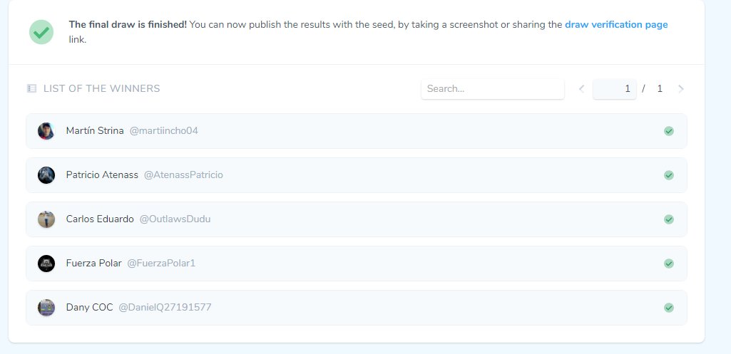 🎁 AQUÍ ESTÁN los 5 GANADORES del ÚLTIMO SORTEO de @ClanZolokotroko🎁

Enhorabuena a:
<a href="/martiincho04/">Martín Franco</a>
<a href="/AtenassPatricio/">Patricio A.T.N.</a>
<a href="/OutlawsDudu/">Carlos Eduardo</a>
<a href="/FuerzaPolar1/">Fuerza Polar</a>
<a href="/DanielQ27191577/">Dany COC</a> 

Escribid a <a href="/danielr34079951/">TOÑO ZK</a> para reclamad vuestro premio. Gracias a todo el mundo por participar, pronto mas sorteos!