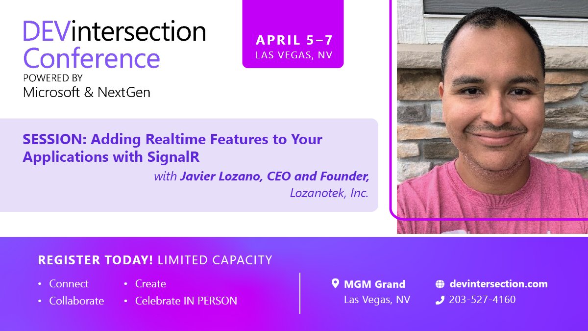 DEVintersection's tweet photo. Join @jglozano in-person at DEVintersection, April 5-7 in Las Vegas.
60-Minute Session:
Adding Realtime Features to Your Applications with SignalR
Learn more: https://t.co/mbmLKrq1Ys
Register TODAY: https://t.co/yyo3EsTLAL
@msdev #SignalIR #Devintersection https://t.co/bFMCvOFQtf