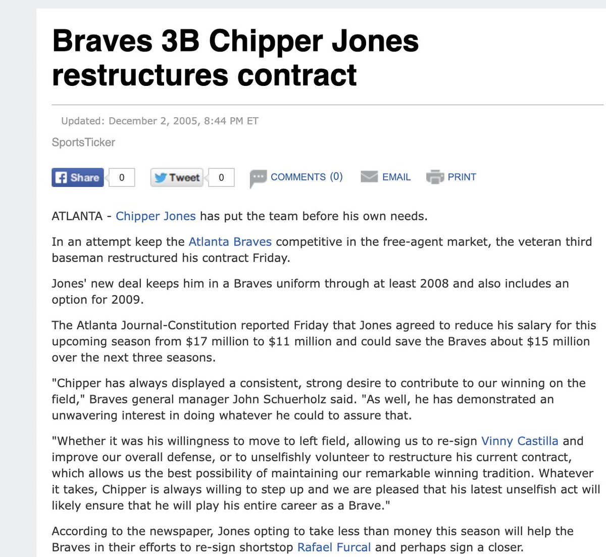 At 32 years old, Freddie Freeman is at an impasse over a sixth year on a contract. At 33 years old, Chipper Jones restructured his contract to help the Braves sign more talent. Chipper really is a franchise legend.