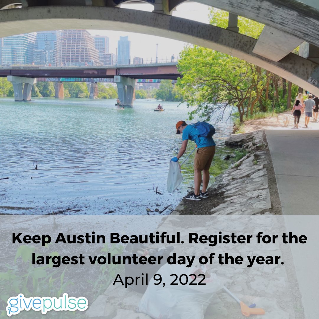 givepulse's tweet photo. Join @KAB_Austin April 9th to help beautify our green spaces and keep our waterways clean. Register for the largest volunteer day of the year. https://t.co/6aLXheFMGz 

#KABD #keepaustinbeautifulday https://t.co/5XqifgI06D