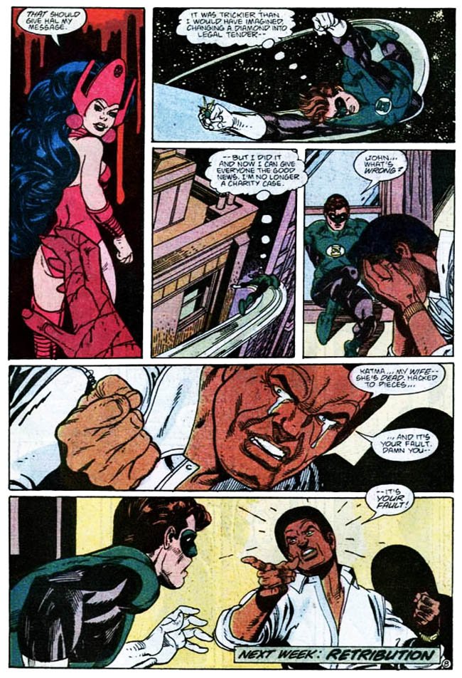 JohnStewartBRA's tweet photo. Certa vez, em Action Comics #601, Safira Estrela  invadiu a casa de John Stewart e assassinou brutalmente a Katma Tui, atual esposa de John,  apenas para provocar Hal Jordan.

Esse foi o início de um dos momentos mais difíceis de John, as coisas ainda pioraram e muito. https://t.co/hY5YQM2R3G