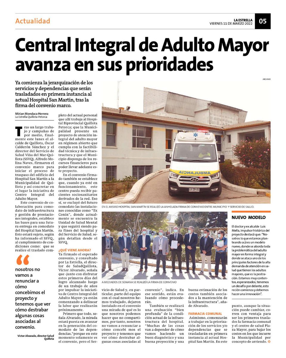 CentroMayorQTA's tweet photo. 📰 #PRENSA
👏 Agradecemos y compartimos con ustedes la extensa nota que @laestrelladeqta publicó sobre nuestro proyecto de #CentroIntegral para el #AdultoMayor, luego de la firma del convenio para el traspaso del Hospital #SanMartín. ¡Muchas gracias! https://t.co/Rg8QdEXC1a