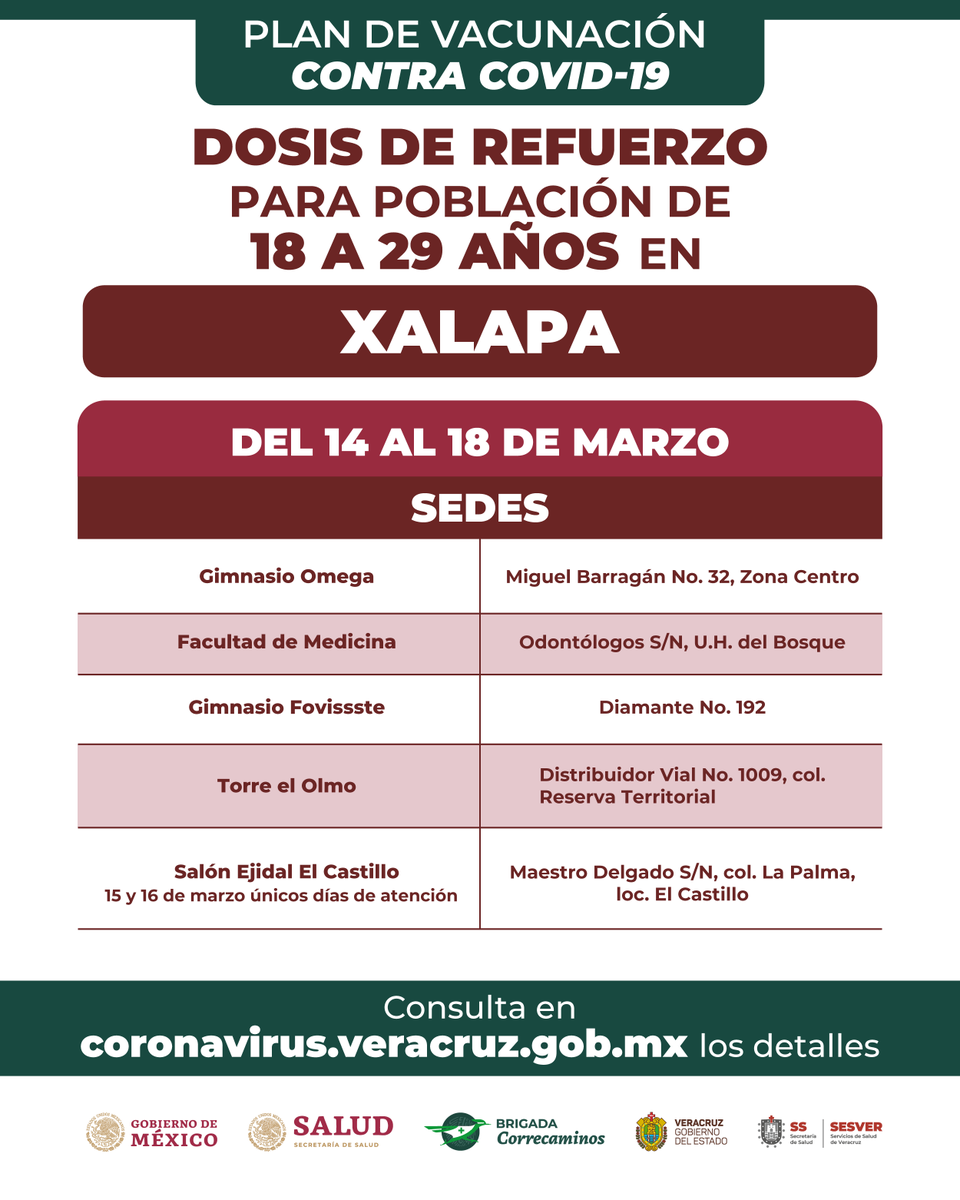 SSALUDVeracruz's tweet photo. 🔴¡Atención chaviza xalapeña!🔴

Les recordamos que hoy inicia el suministro de la tercera dosis contra COVID-19 💉 para las y los jóvenes de 18 a 29 años.

Comparte esta información con familiares y amigos. https://t.co/AxBj511cOV