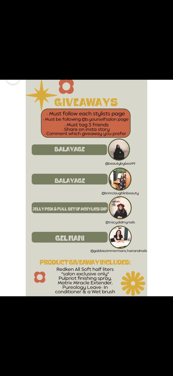 ✨GIVEAWAY ANNOUNCEMENT✨

B. Yourself Salon in Hays, Ks is doing a giveaway!

Go check out the salon page to enter on Instagram! Make sure to be following each stylists page including the salons. Comment on the post and tag three friends and put which service you would prefer!