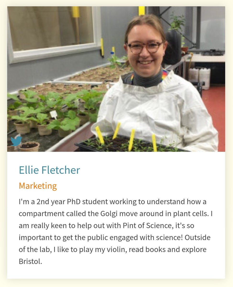 🦠 Meet the Team 🦠

<a href="/Ellie_Fletcher3/">Ellie Fletcher</a> is a PhD student at Bristol University &amp; studies Golgi movement in plant cells 💐 She is part of the marketing team for this years' <a href="/pintofscience/">Pint of Science UK</a> so keep your eyes pealed for all the latest news coming real soon! 💪