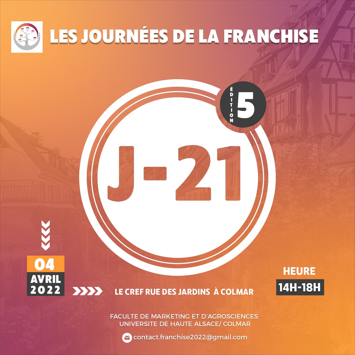 🕓J-21 avant la 5ème Edition des Journées de la Franchise !

Rappel du thème de cette année : “Entreprendre autrement : le choix de la franchise, réalités alsaciennes”.

Venez nombreux ! ☺

#franchise #tourisme #alsace #journéesdelafranchise #colmar #entreprendre