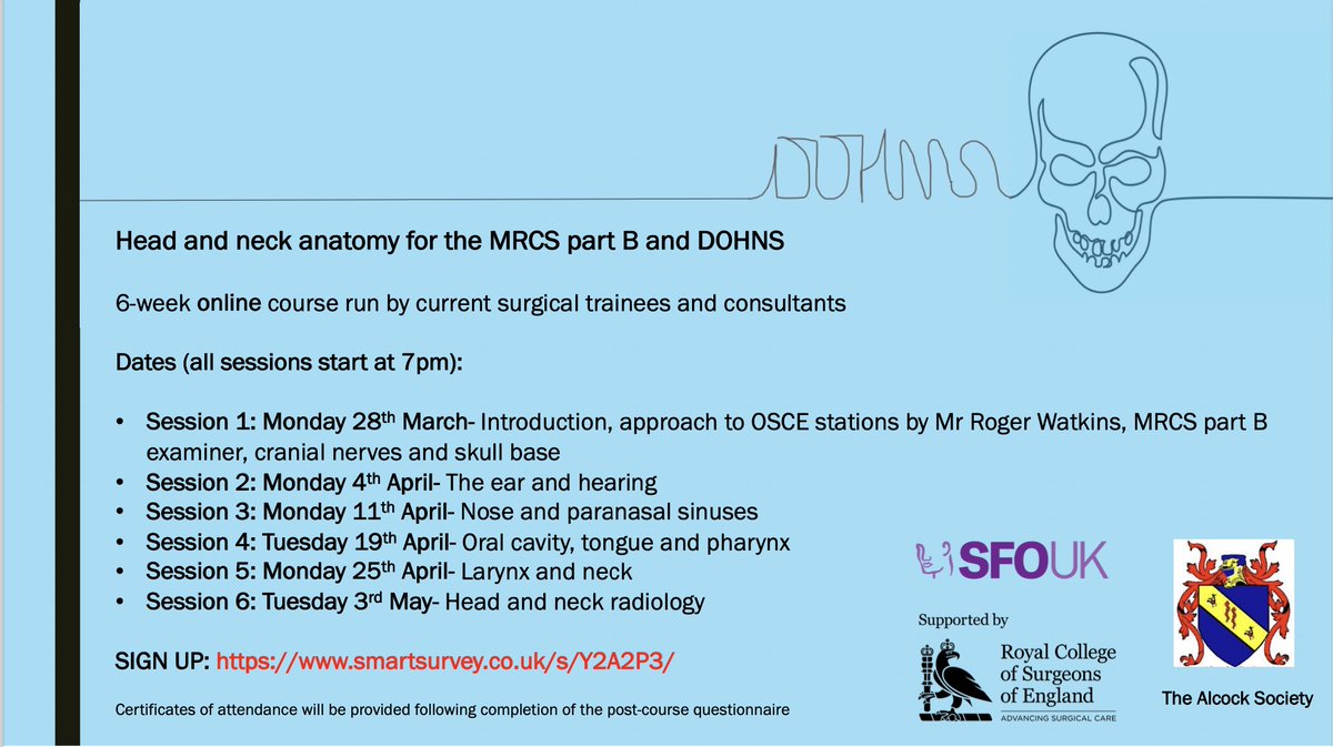 CiaraMBWalker's tweet photo. Planning to sit DOHNS or MRCS Part B and need to brush up on your head and neck?
Join us for our free online series of lectures from trainees and consultants, supported by @RCSnews @SFO_ENTUK and @TASanatomy 
See poster for dates and details!
Sign up link: https://t.co/G3yEGuzjKs https://t.co/FU8oo3gmAQ