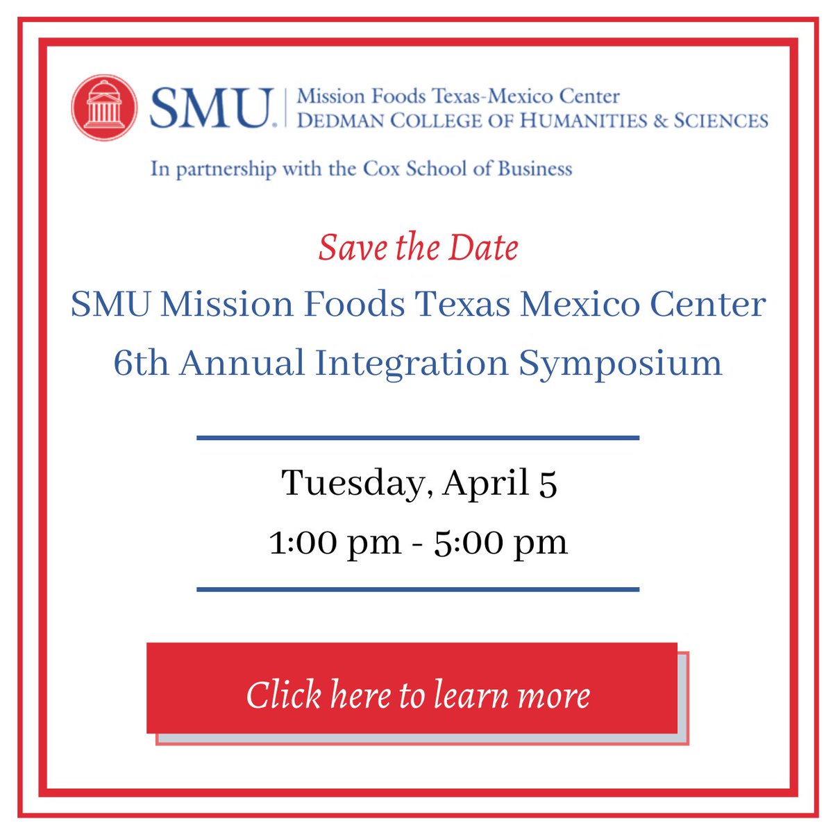 SMUTexasMexico's tweet photo. Save the Date! 📅 https://t.co/2QNJJzSXQy
Join us, Tuesday April 5, 2022 at 1pm for the 6th Annual Integration Symposium! 🌎
We look forward to gathering sectors around important policy recommendations proposed by trusted research fellows.🔎🧾
#txmx #research #txmxsymposium https://t.co/3wGScVvqoR