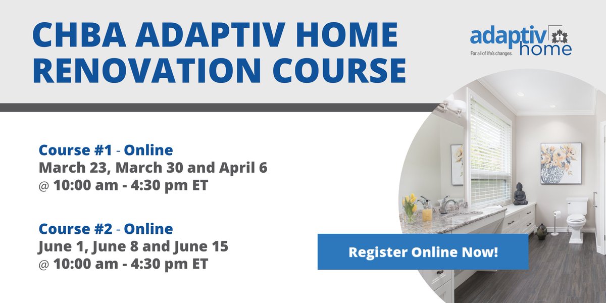 CHBANational's tweet photo. Registration for CHBA's NEW Adaptiv Home Renovation Course is now open, w/ special pricing for CHBA members! Learn about aging-in-place & how to improve design w/ safety, ease of use, comfort, accessibility, occupant health, & more.
Learn more ➡️ https://t.co/MVJatDdxpF https://t.co/zOnGXTEtaa