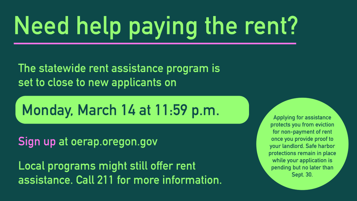 homelessnesspdx's tweet photo. Today is the last day to apply for statewide rent assistance in Oregon. Don't delay if you need help. Applying for assistance & notifying your landlord, protects you from eviction for non-payment while your application is processed. #EvictionProtection https://t.co/VKMlIaMCsh https://t.co/ZdZ5XqzLyT