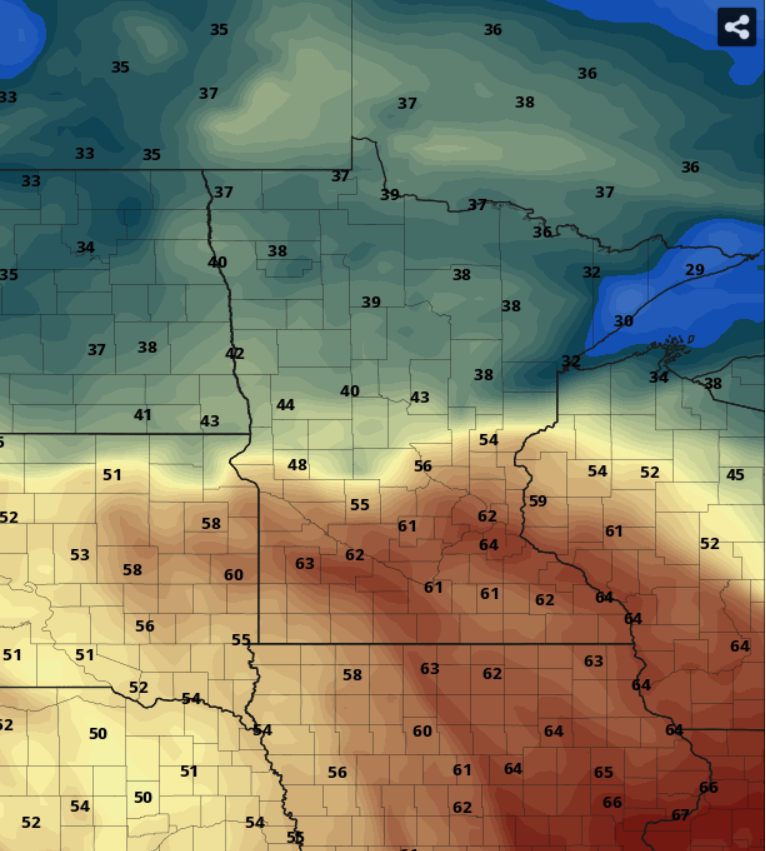 Warmest air mass in 4 months for southern Minnesota in the next week? Highs reach the 50s in southern Minnesota this week. Some towns likely hit 60 degrees Wednesday, and next Sunday and Monday. The last time MSP hit 60 was November 6! #mnwx
https://t.co/rrti2HFPBk https://t.co/NSe0L0KBkb
