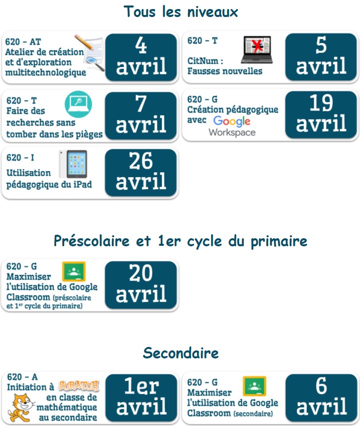 L'équipe des CP TIC vous présente ses prochaines formations disponibles sur ENA durant le mois d'avril. (L'inscription est réservée aux enseignants du CSSMB.)
ena.csmb.qc.ca/Web/MyCatalog?…