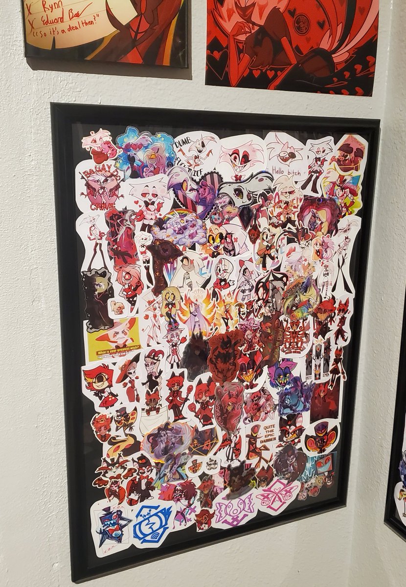 Got a grand ol' sticker order in from <a href="/frankenwaffle/">nyx</a>! As always, their stuff is phenomenal 🌟 I also got smart and put my stickers in frames so my cats would stop stealing them and hiding them 😑 #hazbinhotelfanmerch #helluvabossfanmerch #helluvaboss #hazbinhotel