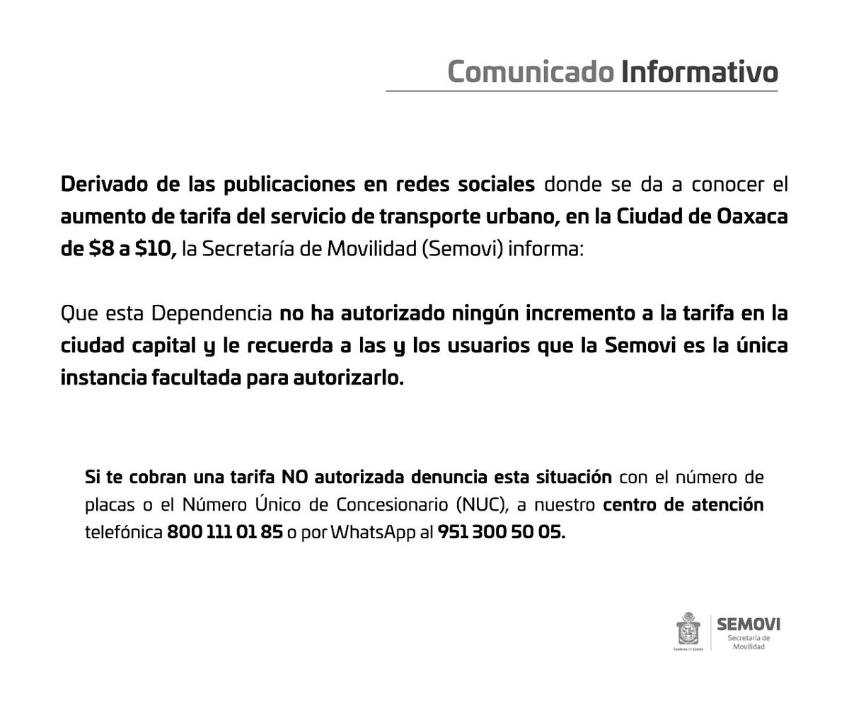 SEMOVI_GobOax's tweet photo. Derivado de las publicaciones en redes sociales donde se da a conocer el aumento de tarifa del servicio de transporte urbano, en la Ciudad de Oaxaca, la Semovi informa:👇🏼 https://t.co/s13fOewGjJ