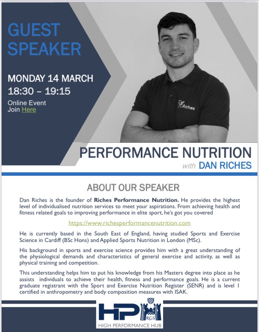 Thank you to Dan Riches for being our High Performance Hub speaker tonight. It was great to learn more about Performance Nutrition particularly for our young athletes. Watch out for the next talks and workshops coming up soon.”