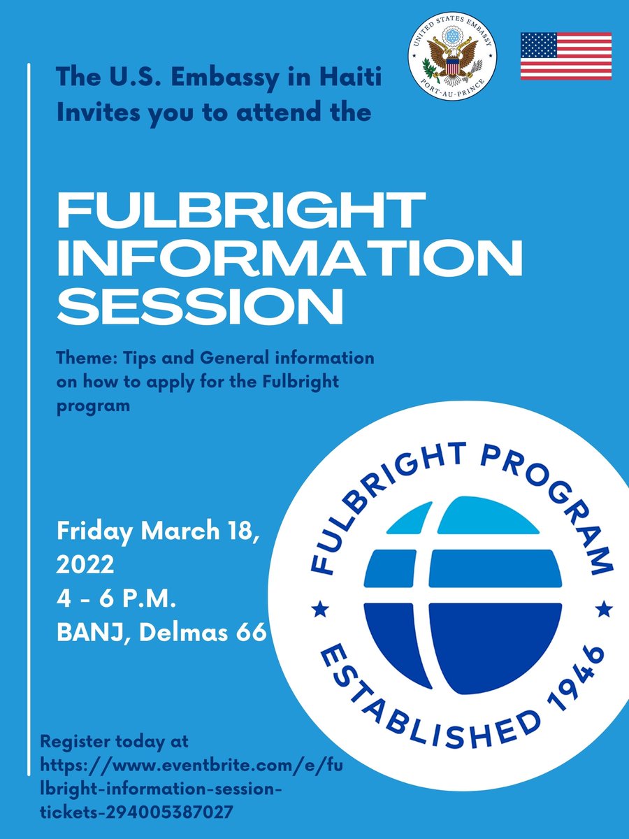 USEmbassyHaiti's tweet image. 🗣️ Come and learn more about the @FulbrightPrgrm, application process, tips to increase your selection, timeline, &amp;amp; more on March 18, 4PM at BANJ, Delmas 66. We are eager to answer all of your questions!

Register here: ow.ly/QIy850Ij3k5

Spots are limited! 🙂