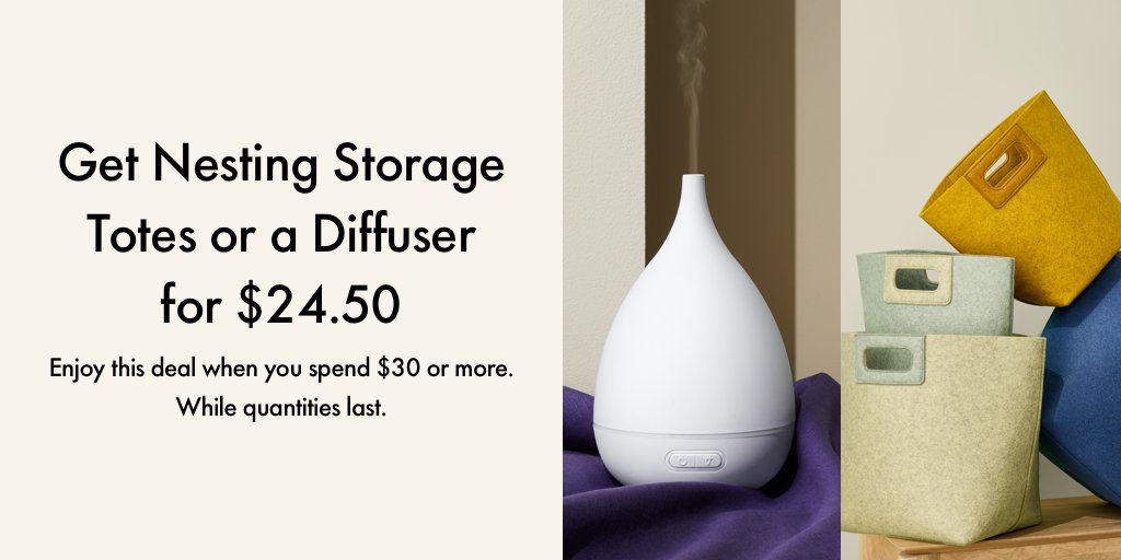 indigocrossiron's tweet photo. #HotDealAlert! When you spend $30 or more online or in store, choose between stylish nesting storage totes or an ultrasonic diffuser for just $24.50. But hurry, offer ends March 27th. While quantities last. https://t.co/WbFMTvMr9a https://t.co/Z3NbTVttcZ