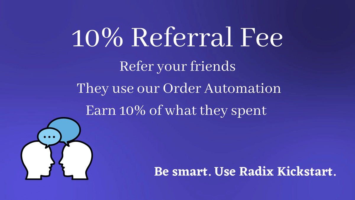 Quick reminder that we offer a 10% Referral fee!

If you refer someone and they buy our automated order system, you will get 10% of the package price they paid. Let's go!

#Radix <a href="/radixdlt/">Radix - Radically Different DeFi</a> #RadixNFT