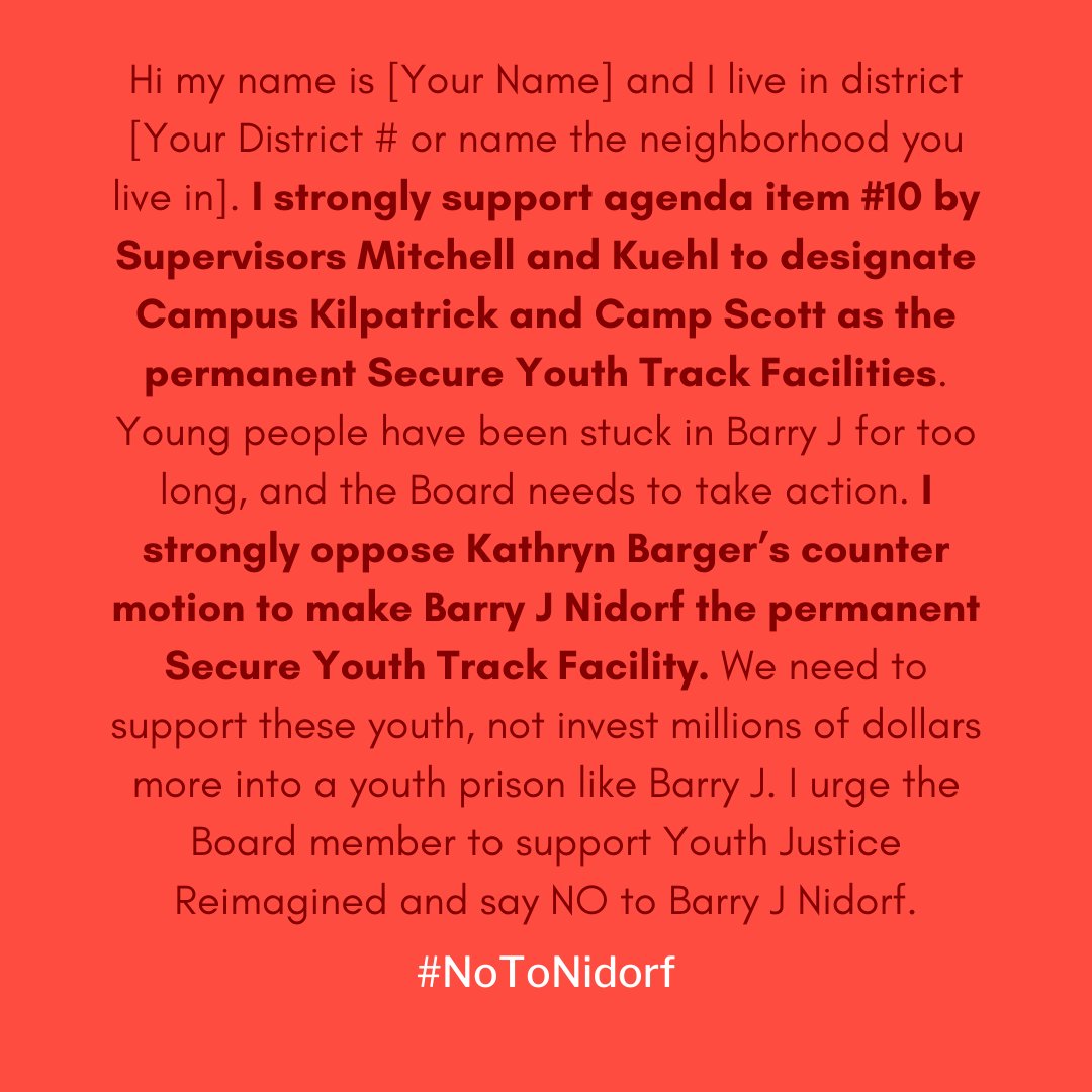 Take action to #FreeOurYouth and say #NoToNidorf! Contact your supervisor before tomorrow’s hearing to share your comments. Our youth deserve #CareNotCages!
#YouthJusticeReimagined