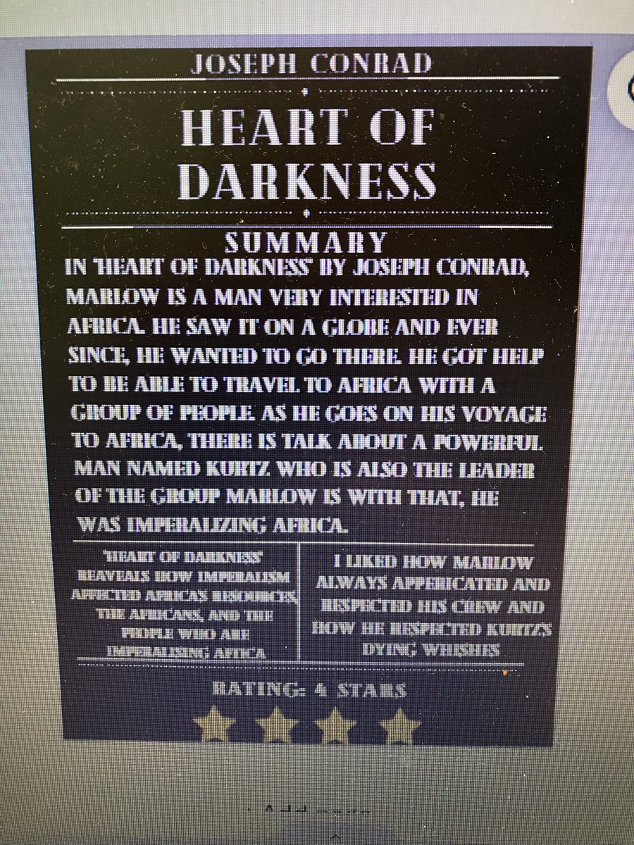 CCHSPsych's tweet photo. World History students used Canva to create the back of the book for our  graphic novel! They had to include a summary, review on the purpose, an opinionated review, and a 1-5 star rating! @CCHS_Principal @geogurucchs @shannongpetty @CCHS_AP https://t.co/qOXe9C9bo3