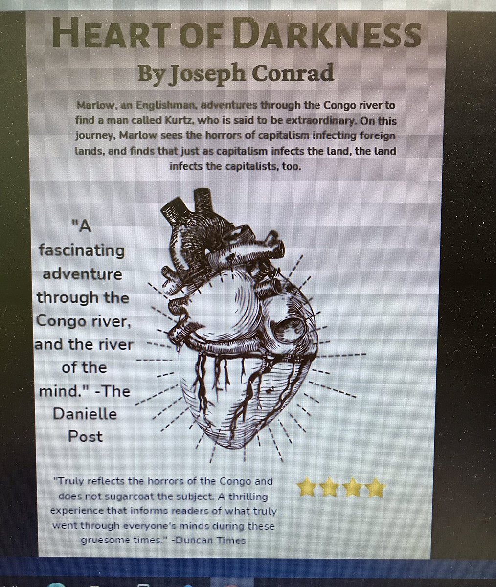CCHSPsych's tweet photo. World History students used Canva to create the back of the book for our  graphic novel! They had to include a summary, review on the purpose, an opinionated review, and a 1-5 star rating! @CCHS_Principal @geogurucchs @shannongpetty @CCHS_AP https://t.co/qOXe9C9bo3