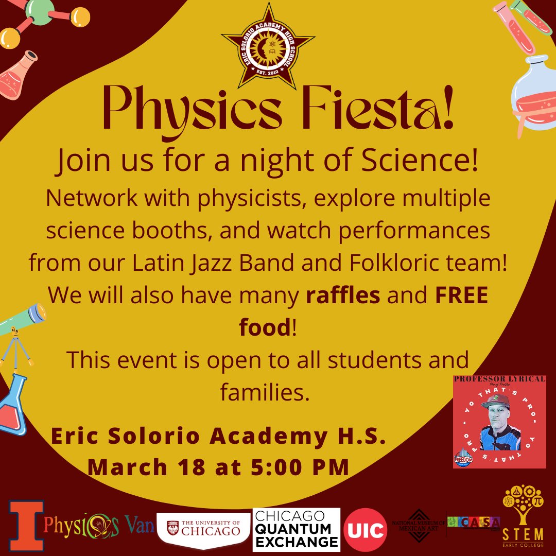 PostsecSolorio's tweet photo. Join us this Friday for our #PhysicsParty after school for a night of science! Come network w/ physicists & explore the diversity of science. There will also be performances from our #LatinJazz and #FolkloricGroup https://t.co/NFspStJgQl