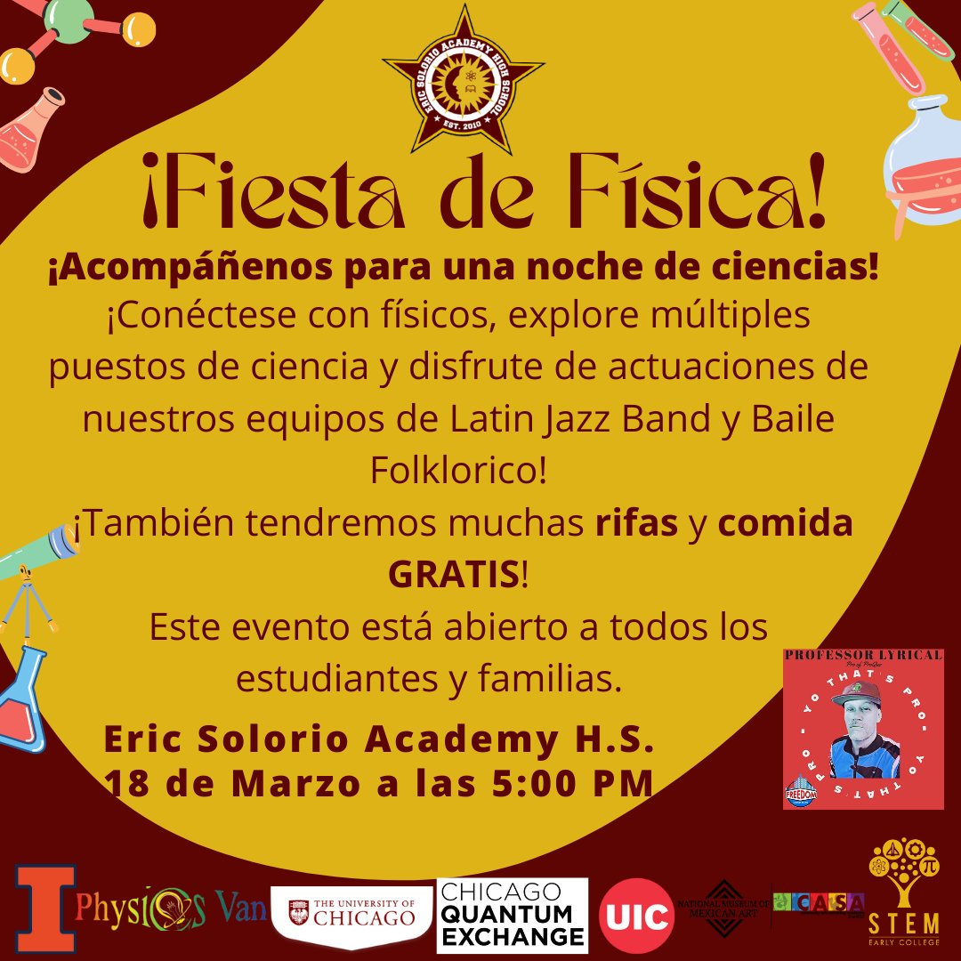 PostsecSolorio's tweet photo. Join us this Friday for our #PhysicsParty after school for a night of science! Come network w/ physicists & explore the diversity of science. There will also be performances from our #LatinJazz and #FolkloricGroup https://t.co/NFspStJgQl