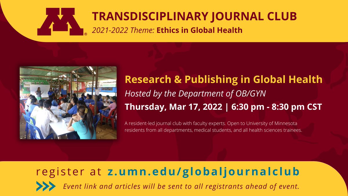 UMN Global OB/GYN (@umnglobalobgyn) on Twitter photo Just 4 more days until our virtual
<a href="/umnmedschool/">UMN Medical School</a> Transdisciplinary Journal Club on Research & Publishing in Global Health! Register at z.umn.edu/globaljournalc… #globalhealth #academicmedicine <a href="/UMNGlobalSurg/">UMN Global Surgery and Disparities</a> @UMNGlobalHealth <a href="/UMN_GSSA/">UMN GSSA</a> <a href="/GlobalHealthUMN/">Center for Global Health and Social Responsibility</a> <a href="/kels_a_stewart/">Kelsey Stewart</a> <a href="/rahel_nardos/">Dr Rahel Nardos</a> Just 4 more days until our virtual
<a href="/umnmedschool/">UMN Medical School</a> Transdisciplinary Journal Club on Research & Publishing in Global Health! Register at z.umn.edu/globaljournalc… #globalhealth #academicmedicine <a href="/UMNGlobalSurg/">UMN Global Surgery and Disparities</a> @UMNGlobalHealth <a href="/UMN_GSSA/">UMN GSSA</a> <a href="/GlobalHealthUMN/">Center for Global Health and Social Responsibility</a> <a href="/kels_a_stewart/">Kelsey Stewart</a> <a href="/rahel_nardos/">Dr Rahel Nardos</a>