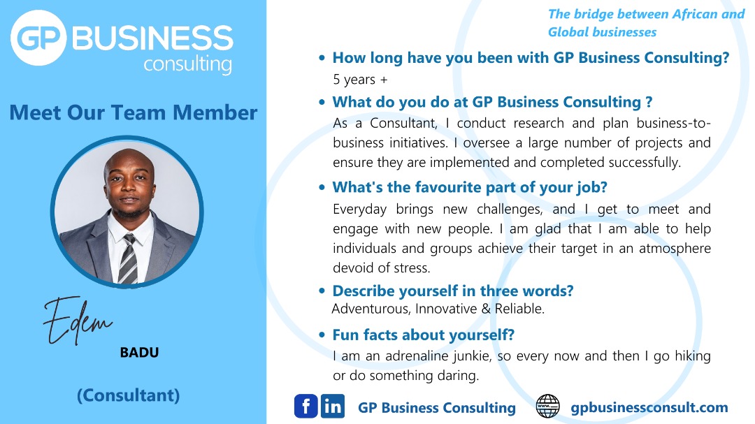 GPBusiness_'s tweet photo. Meet Edem Badu, a consultant who has been part of GP Business Consulting for the past 5 years. He has worked in every aspect of the business. He goes above and beyond to ensure that work is completed to the highest standard. We are happy to have Edem as part of our team. https://t.co/JyidV9sK4x