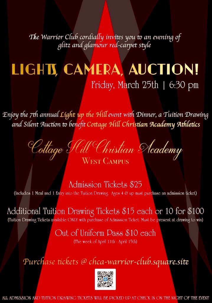 Get your tickets today &amp; come support <a href="/CHCA_Athletics/">CHCA Athletics</a> at the annual LUTH Silent Auction! 

Grateful for the ministry of the Warrior Club &amp; for putting on a 1st class event! You do not want to miss out on this evening to support <a href="/chcacademy1/">Cottage Hill Academy</a> 

#FaithFamilyFuture #WarriorWay