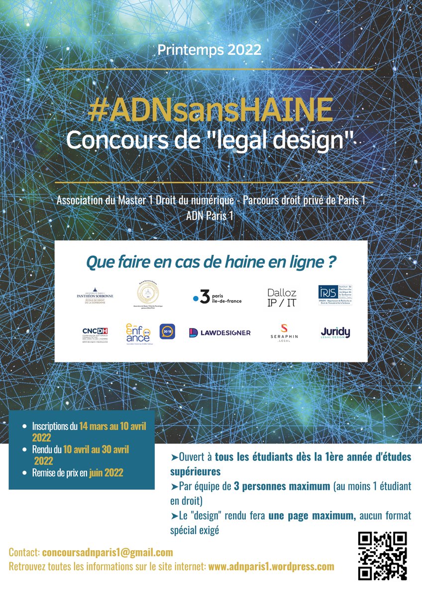📢[#concours] 
#legaldesign #haineenligne
La #CNCDH est très heureuse d'être partenaire pour l'organisation du concours de legal design organisé par <a href="/adn_paris1/">Association Droit du numérique - Paris 1</a> : #ADNsanshaine 
"Que faire en cas de haine en ligne ?" 
#Internet #racisme #PHAROS