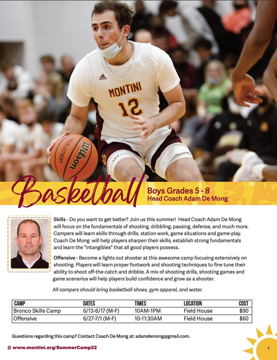 Sign-up for Boys Basketball Summer Camp at Montini!

June 13-17 - Bronco Skills Camp
June 27-July 1 - Offensive Skills Camp

Get in the Gym with the Broncos and GET BETTER!

Sign-up HERE:
montinihs.8to18.com/dashboard/cata…