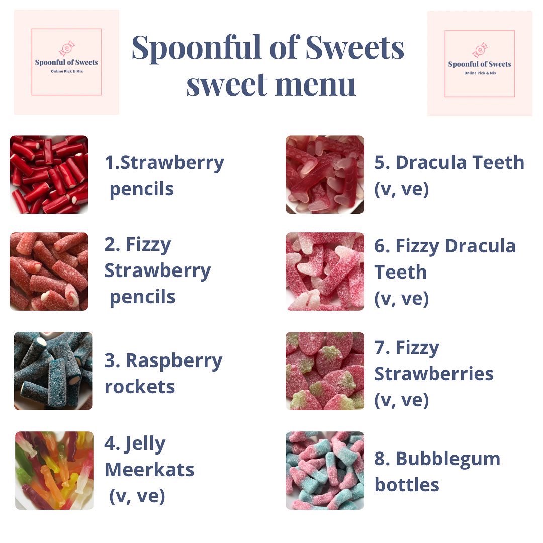 SpoonfulSweets's tweet photo. 1/2
A look at our sweet menu for our choose your own sweets option.
You can choose as many varieties of sweets as you want you just need to choose your bag size:
500g £6.99
1kg £10.99
1.5kg £15.99
#chooseyourownsweets #pickandmix #pickandmixsweets https://t.co/W3h9cVbDxE