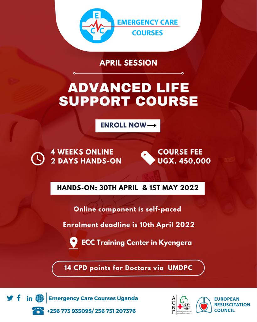 C_Care_HSI_Ug's tweet photo. Enrollment for the April #ALS course now open!
Online self paced class starts 10th April
Hands-on 30th April and 1st May
450k https://t.co/Pyn7FrGxVM