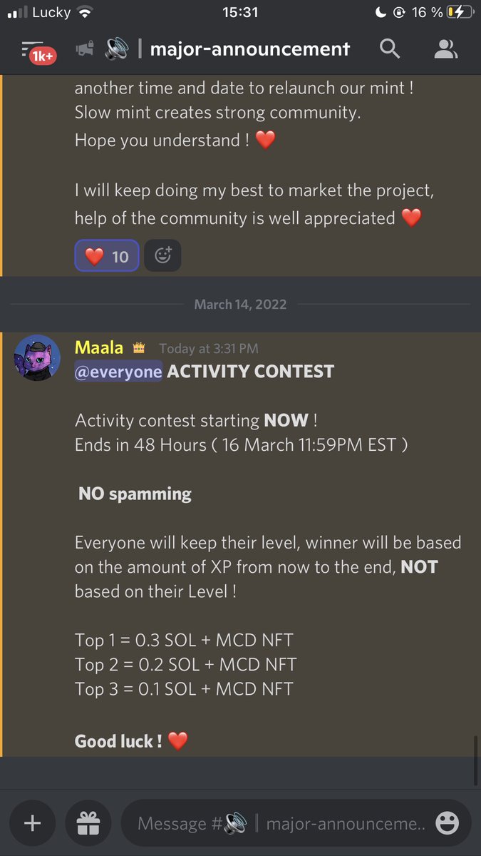 Activity contest on Discord <3

0.6 SOL + 3 NFT For prizes!

Ends in 48h ☺️

Good luck !!

#NFT #NFTGiveaway