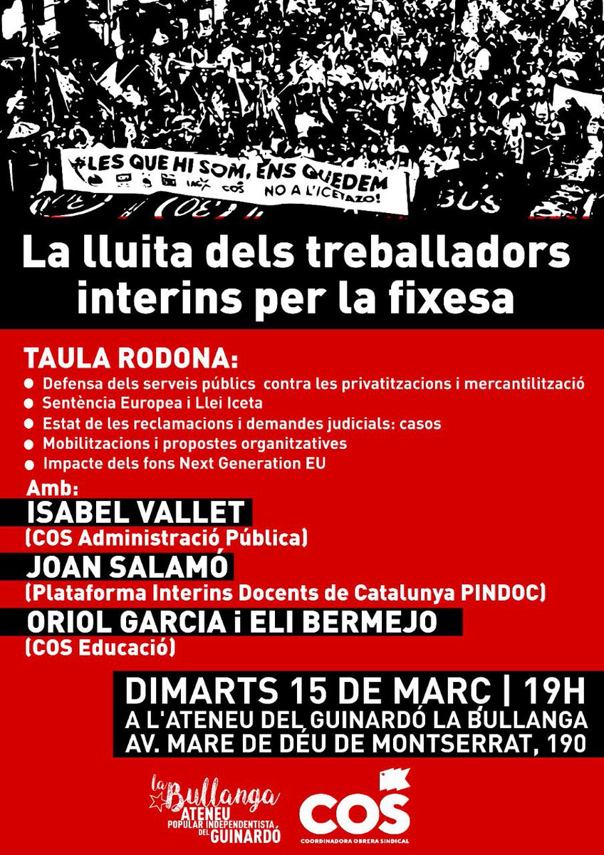 AteneuG's tweet photo. Demà, 15 de març a les 19:00 hores,
Taula Rodona: "la lluita de les treballadores interines per la fixesa i en defensa dels serveis públics."
#fixesa #capinterialcarrer @PINDOC_CAT @ivallets @COSnacional @COSEducacio https://t.co/RwxlW1Gqyd