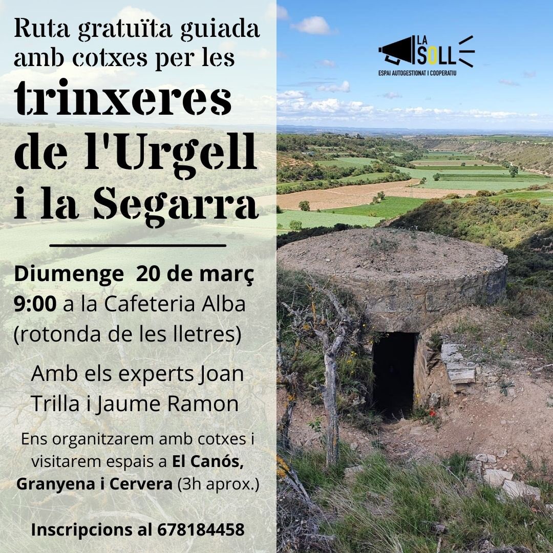 lasolltarrega's tweet photo. 🧐 Sabies que a l’Urgell i la Segarra tenim trinxeres de la Guerra Civil?

🔜 Aquest diumenge 20M farem una ruta gratuïta per descobrir-les!

⏰ Quedem a les 9h del matí a la Cafeteria Alba

🪖 Guiats amb Joan Trilla i @jaumeramonsole 

📝 Per inscriure't, WhatsApp al 678 184 458 https://t.co/jgeXvD4ESf
